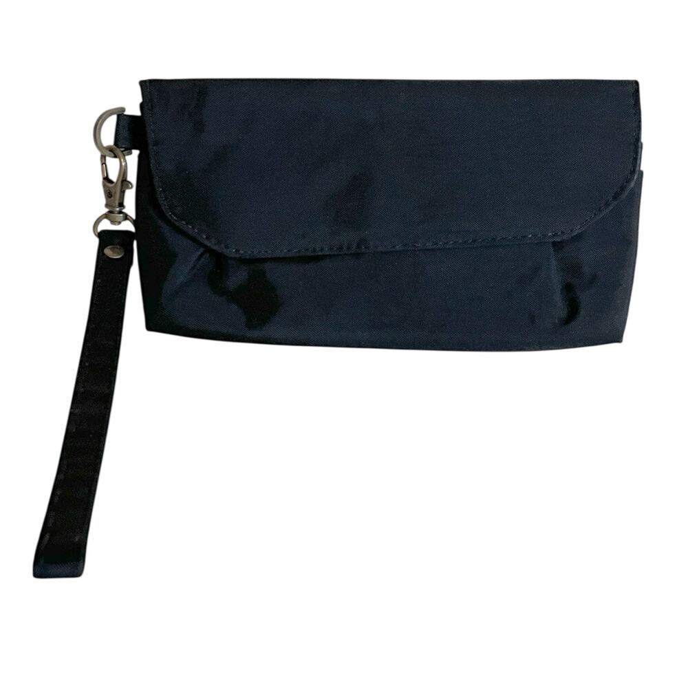 TRAVELON Travel Clutch Wallet Black Blue Nylon Wristlet Strap RFID Security EUC